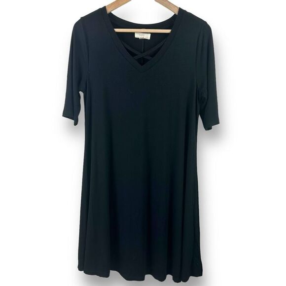 Cupio Women's Size M Criss Cross Vneck Black Dress Stretchy Casual Basic - Picture 1 of 9